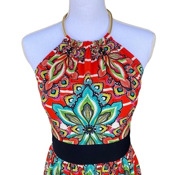 Eliza J Floral Striped Halter Maxi Dress Size 4 Bright Gold Chain Neckline GUC - Picture 4 of 14